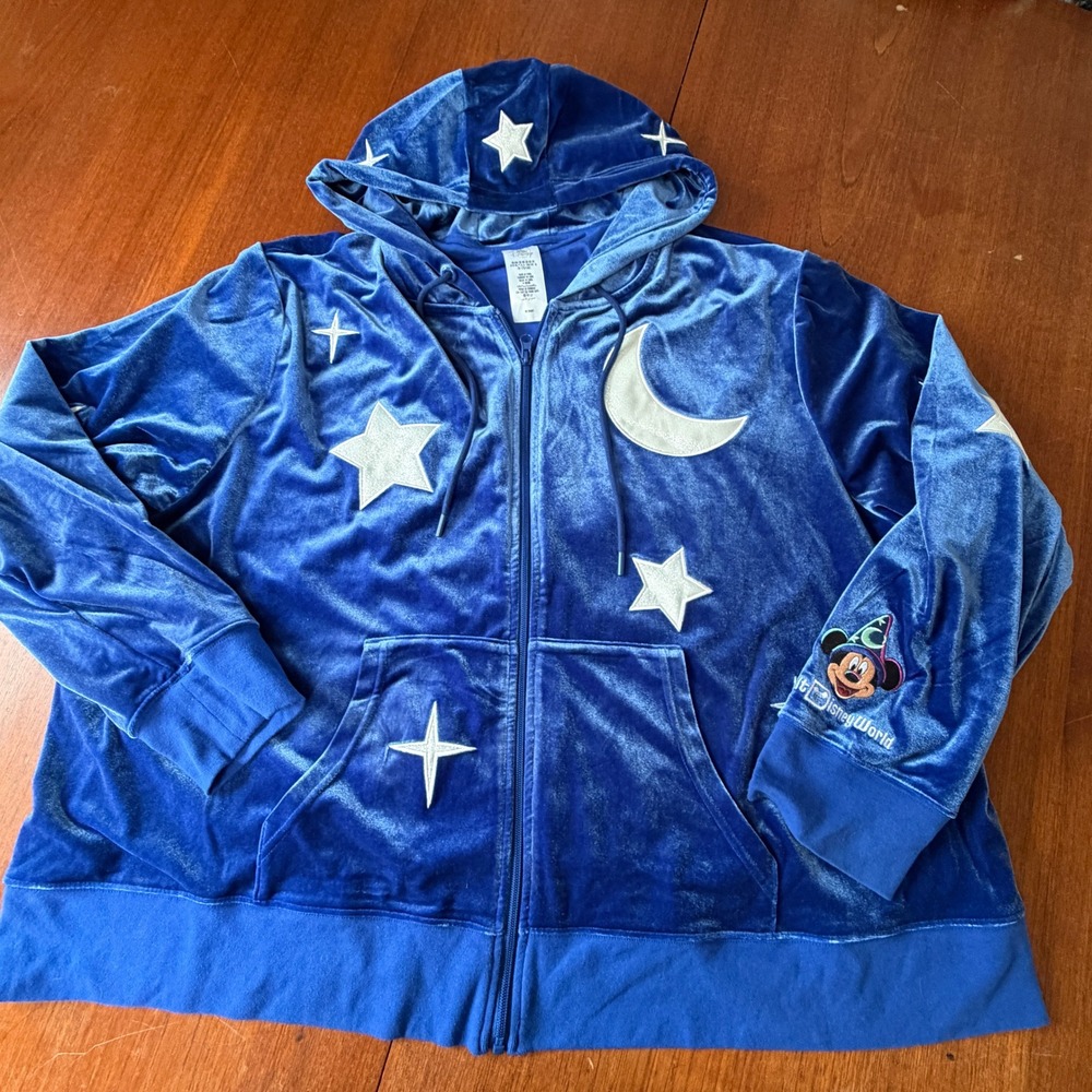 Disney Sorcerer Mickey Mouse Blue Velour Zip Hoodie Stars Moon 3X WDW Fantasia